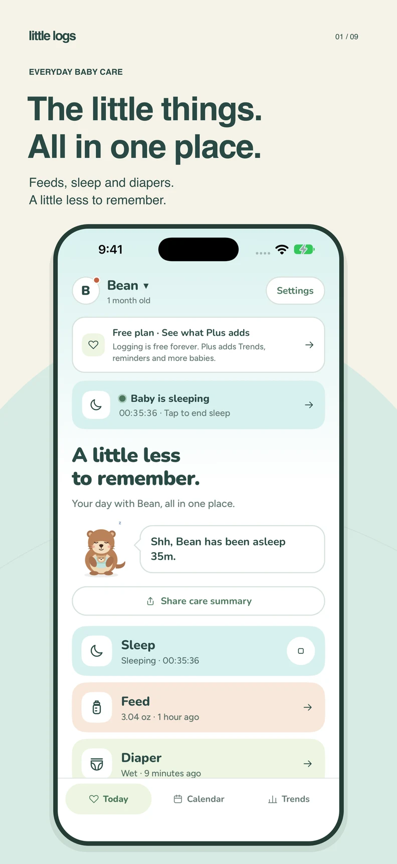 Today shows Bean’s active nap, recent care and quick buttons for sleep, feeding and diapers.