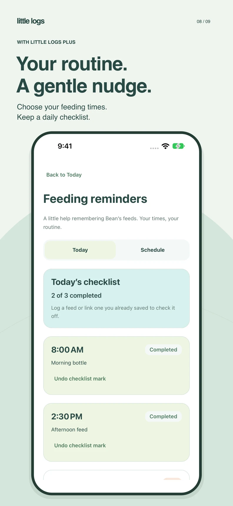 Feeding reminders show a daily checklist with two of three chosen times completed.
