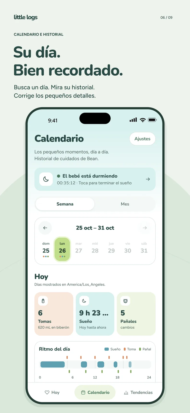 Calendario de Little Logs con los totales del día y el ritmo de sueño, tomas y pañales.