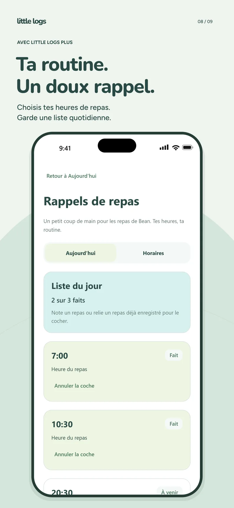 Rappels de repas avec la liste du jour, deux heures sur trois cochées.