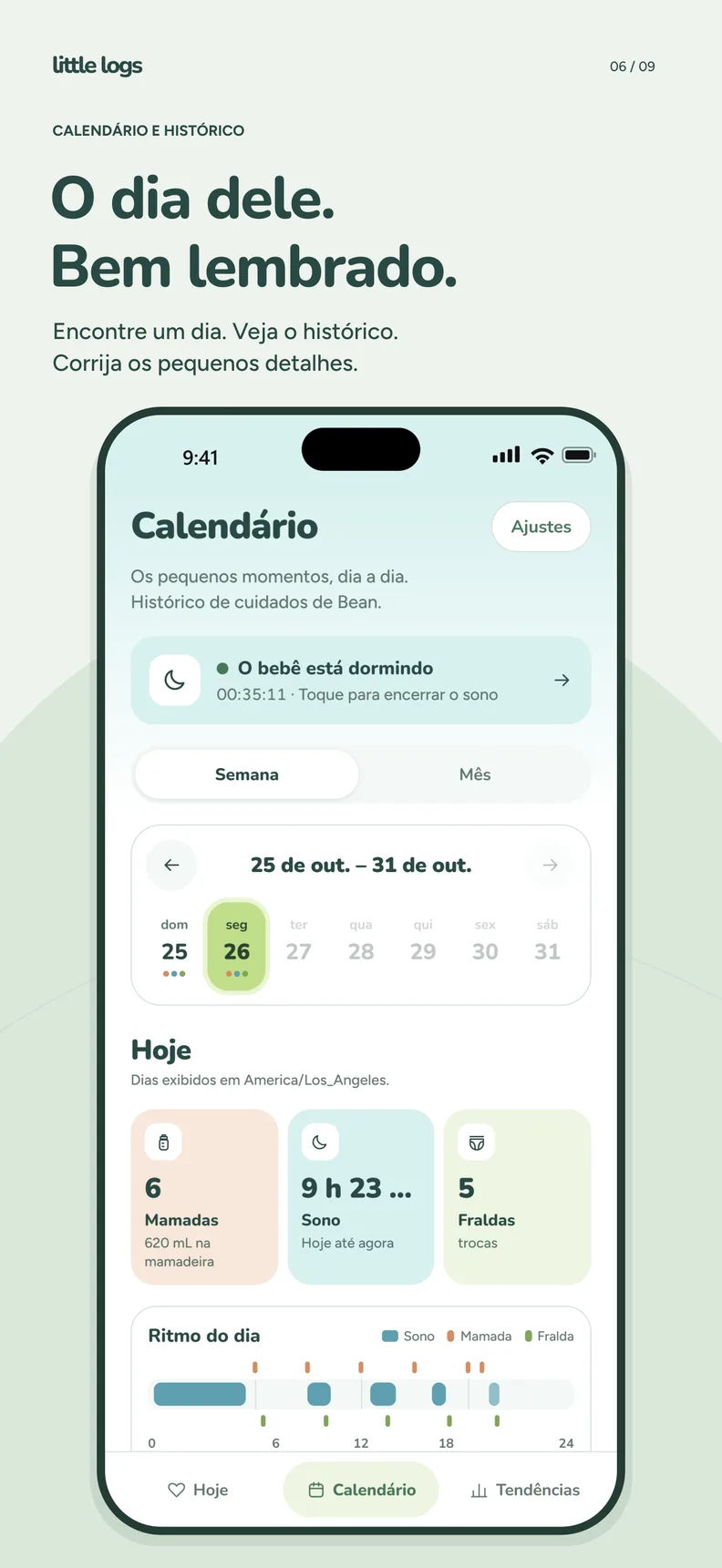 Calendário do Little Logs com os totais do dia e o ritmo de sono, mamadas e fraldas.