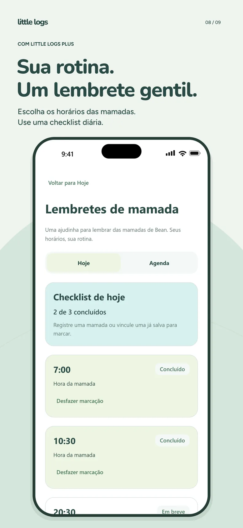 Lembretes de mamada com a lista do dia e dois de três horários concluídos.