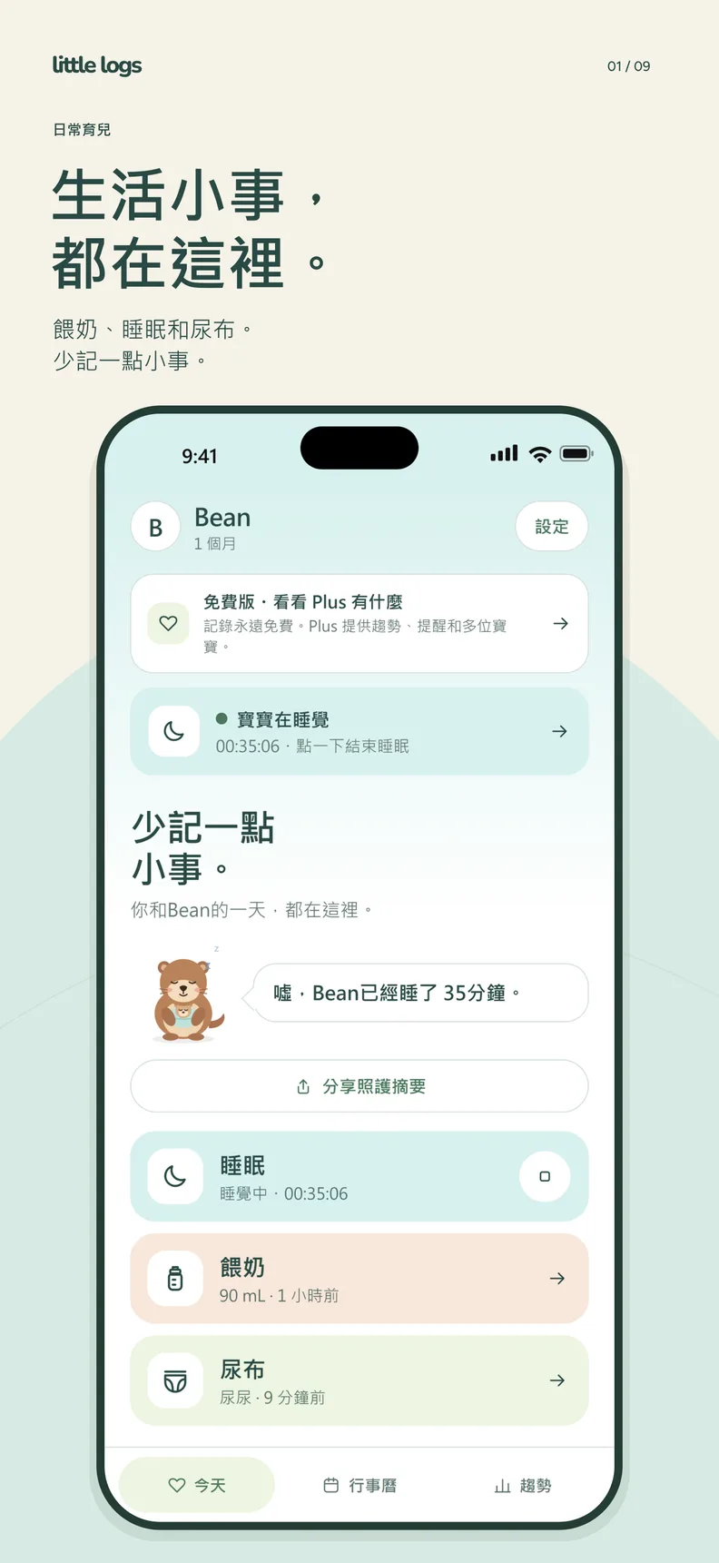 Little Logs 今天畫面:進行中的小睡、最近一次餵奶和換尿布。