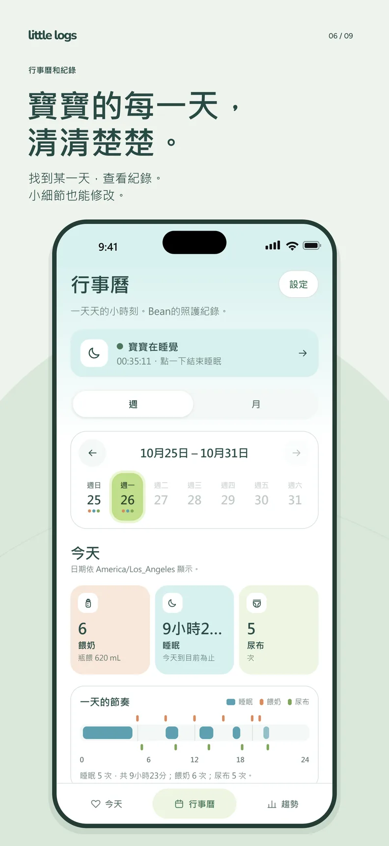 Little Logs 行事曆:當天總計,以及睡眠、餵奶和尿布的節奏。